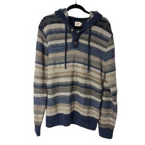 Faherty Navy & Tan Striped Quarter-Button Hoodie Sweater Alpaca Wool Pima Cotton